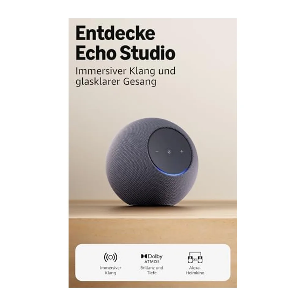 Amazon Echo Studio (neueste Generation), kompaktes Design, mit immersivem 3D-Audio und Dolby Atmos, Graphit, — 3