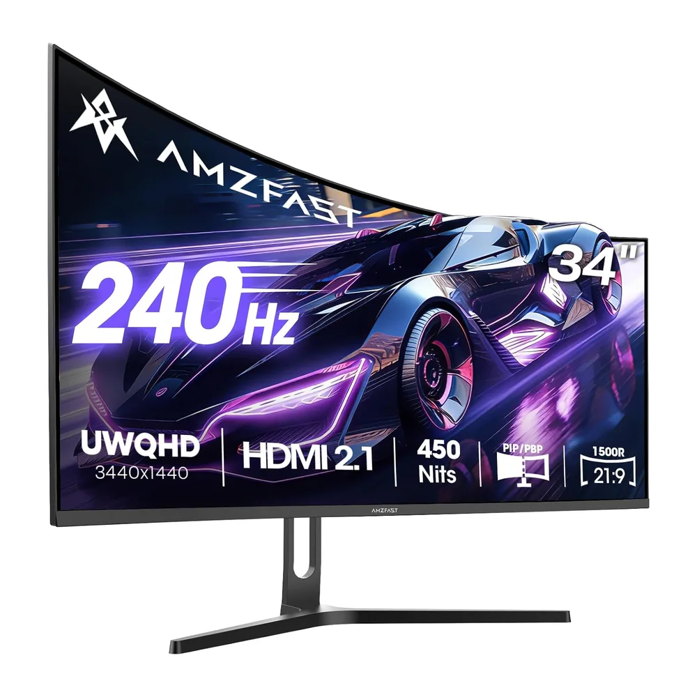 Amzfast 34 Zoll Curved Gaming Monitor, 3440x1440 UWQHD, 240Hz, 1ms MPRT, 1500R VA Curved, 21:9, 3000:1