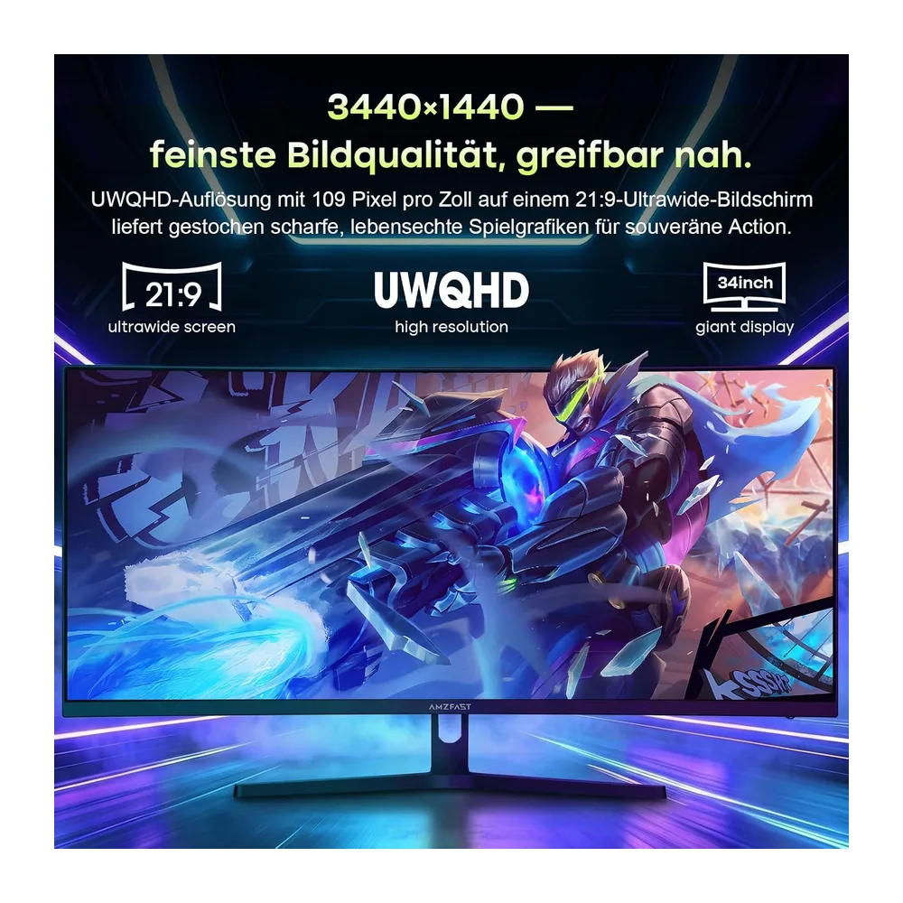 Amzfast 34 Zoll Curved Gaming Monitor, 3440x1440 UWQHD, 240Hz, 1ms MPRT, 1500R VA Curved, 21:9, 3000:1 — 3