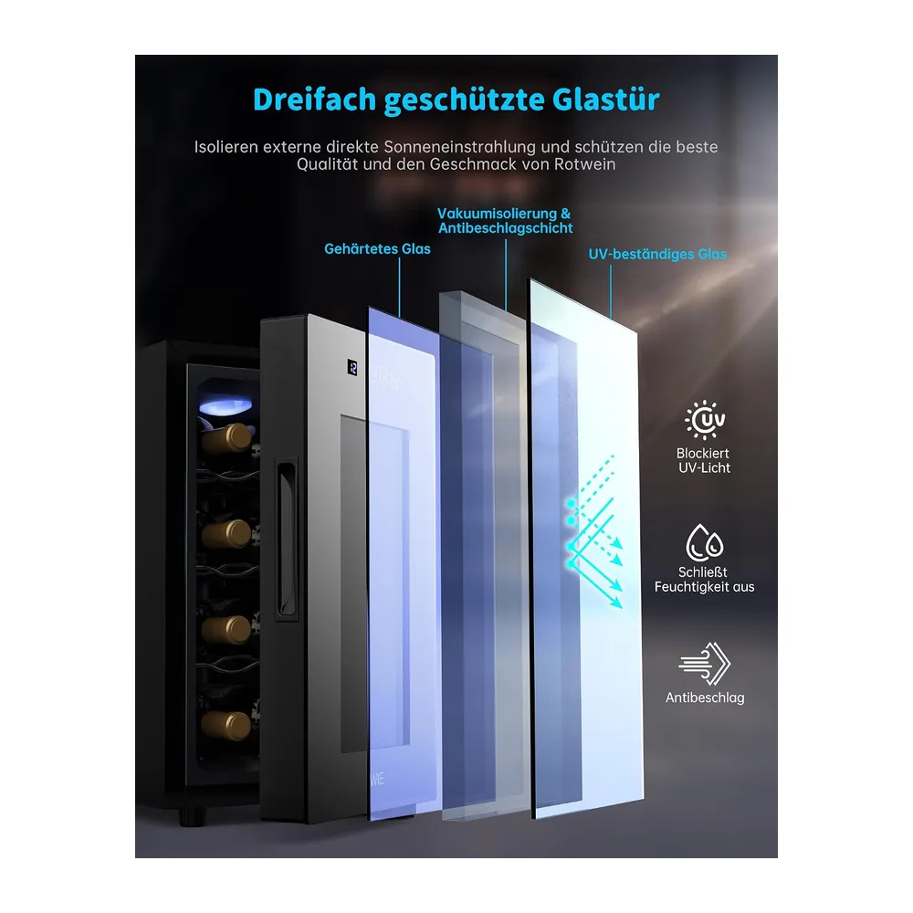 WIE Weinkühlschrank 8 Flasche Getränkekühlschrank 23L Weinschrank Klein 5-18°C Wein-Kühlschrank mit Glastür — 6