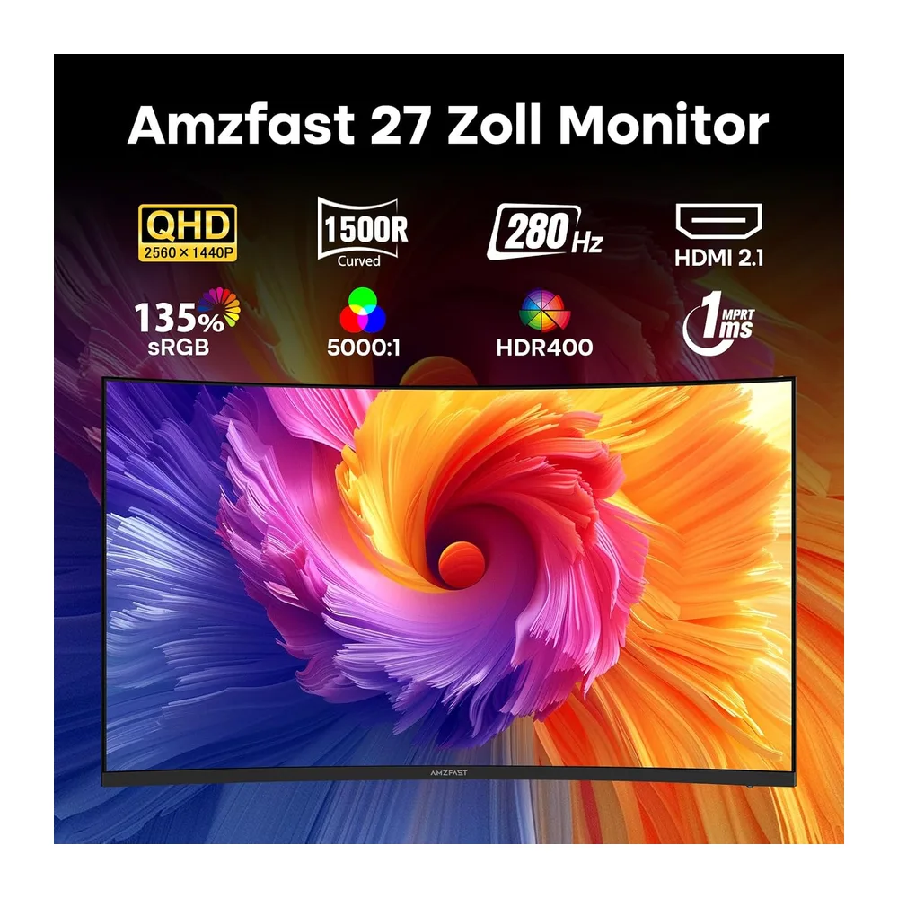Amzfast Gaming Monitor Curved 27 Zoll, 280Hz, QHD 2560x1440, HDMI 2.1x2 — 2
