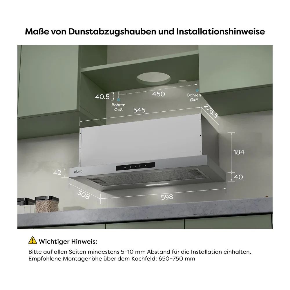 CIARRA CBCS6909A A+ Flachschirmhaube Dunstabzugshaube 60 cm Umluft Abluft [Energieklasse A+] — 3