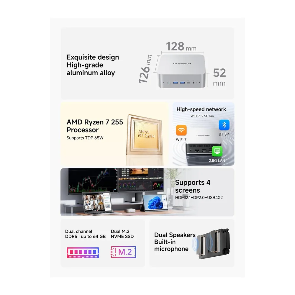 MINIS FORUM AI X1-255 Mini-PC, AMD Ryzen 7 255 (8C/16T, bis zu 4,9 GHz), 32 GB DDR5 RAM, 1 TB M.2 SSD, — 2