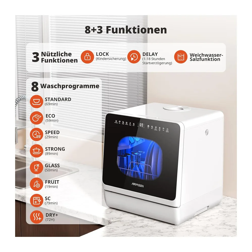 AIRMSEN Tischgeschirrspüler, Mini Geschirrspüler mit 8+3 Programmen [Energieklasse D] — 2