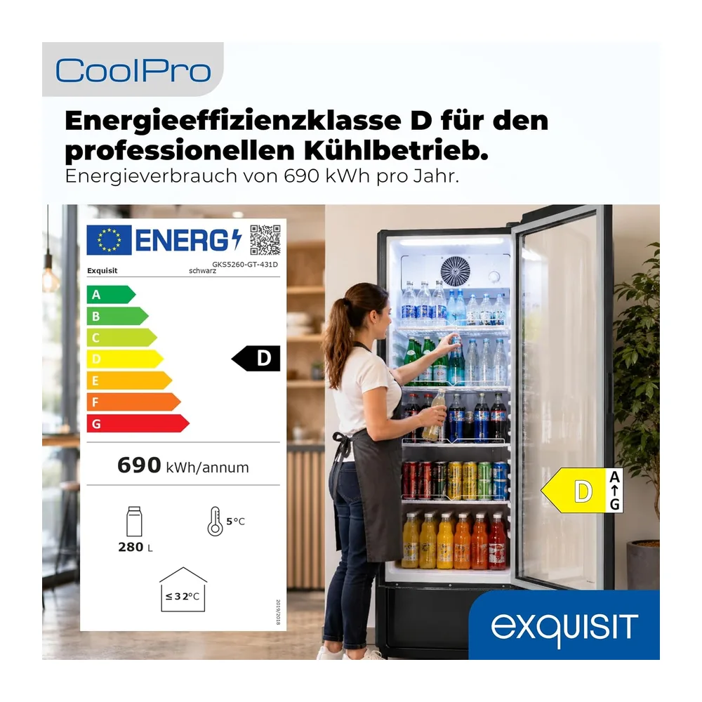 Exquisit Getränkekühlschrank 280 l - Gastro Kühlschrank mit Glastür [Energieklasse D] — 2