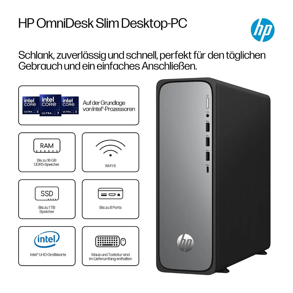 HP OmniDesk Slim Desktop S03-0230ng, Intel 300 Prozessor, 8 GB DDR5 RAM, 512 GB PCIe Gen4 SSD, Intel UHD — 5