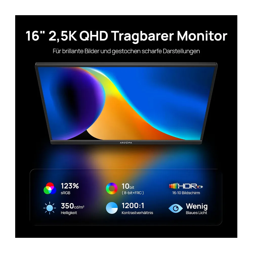ARZOPA 2.5K Portabeler Monitor, 16 Zoll 2560x1600 HDR 10bit QHD USB-C HDMI Laptop Monitor, 16:10 IPS — 2
