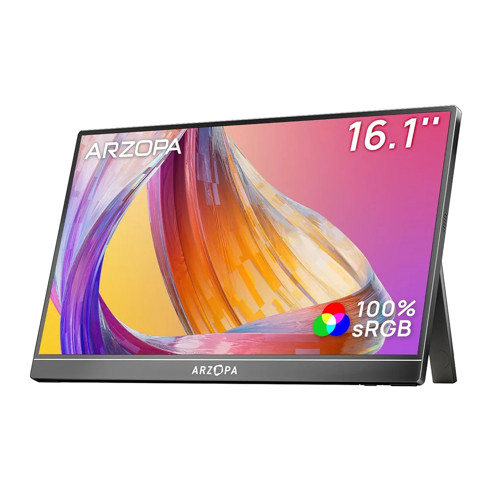 ARZOPA 16.1" Portable Monitor, 1920×1080 FHD IPS 100% sRGB Tragbarer Monitor für Laptop mit Einzelstange,