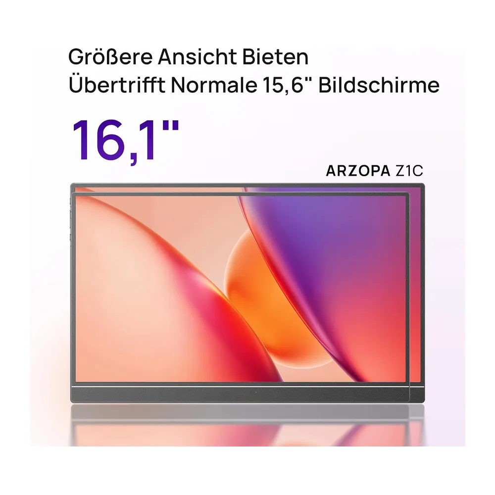ARZOPA 16.1" Portable Monitor, 1920×1080 FHD IPS 100% sRGB Tragbarer Monitor für Laptop mit Einzelstange, — 2