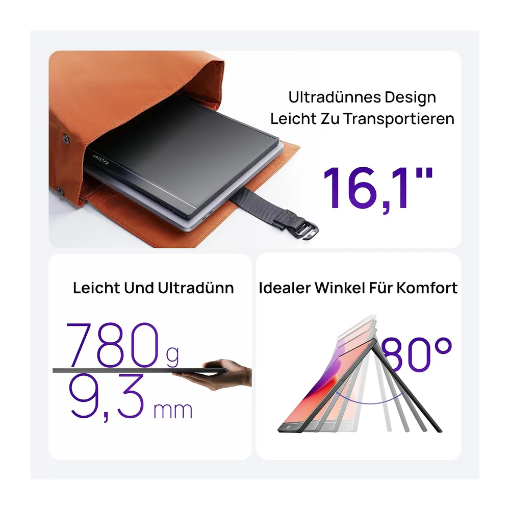 ARZOPA 16.1" Portable Monitor, 1920×1080 FHD IPS 100% sRGB Tragbarer Monitor für Laptop mit Einzelstange, — 4