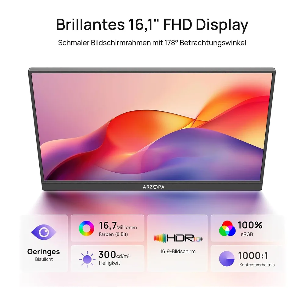 ARZOPA 16.1" Portable Monitor, 1920×1080 FHD IPS 100% sRGB Tragbarer Monitor für Laptop mit Einzelstange, — 6