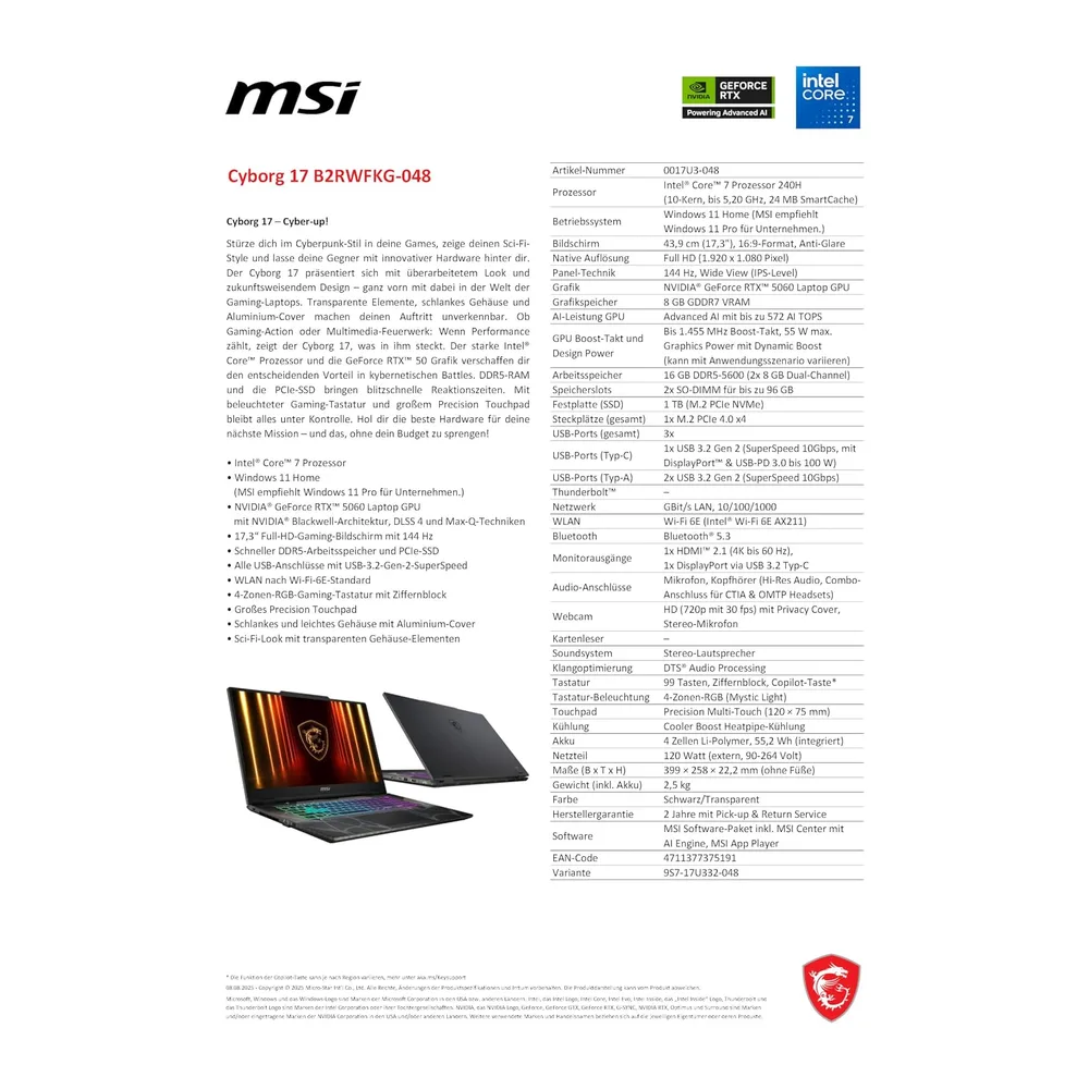 MSI Cyborg 17, Gaming-Laptop, 17,3" Full-HD 144 Hz Display, Intel Core 7 240H, NVIDIA GeForce RTX 5060, 16 GB — 5