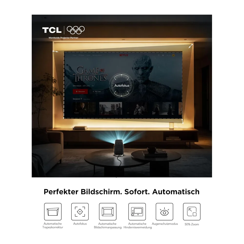 TCL C1 Smart Mini Beamer, Integriertes Google TV/Netflix/APV, Projektor 4K 1080p-kompatibel, Autofokus & 6D — 3
