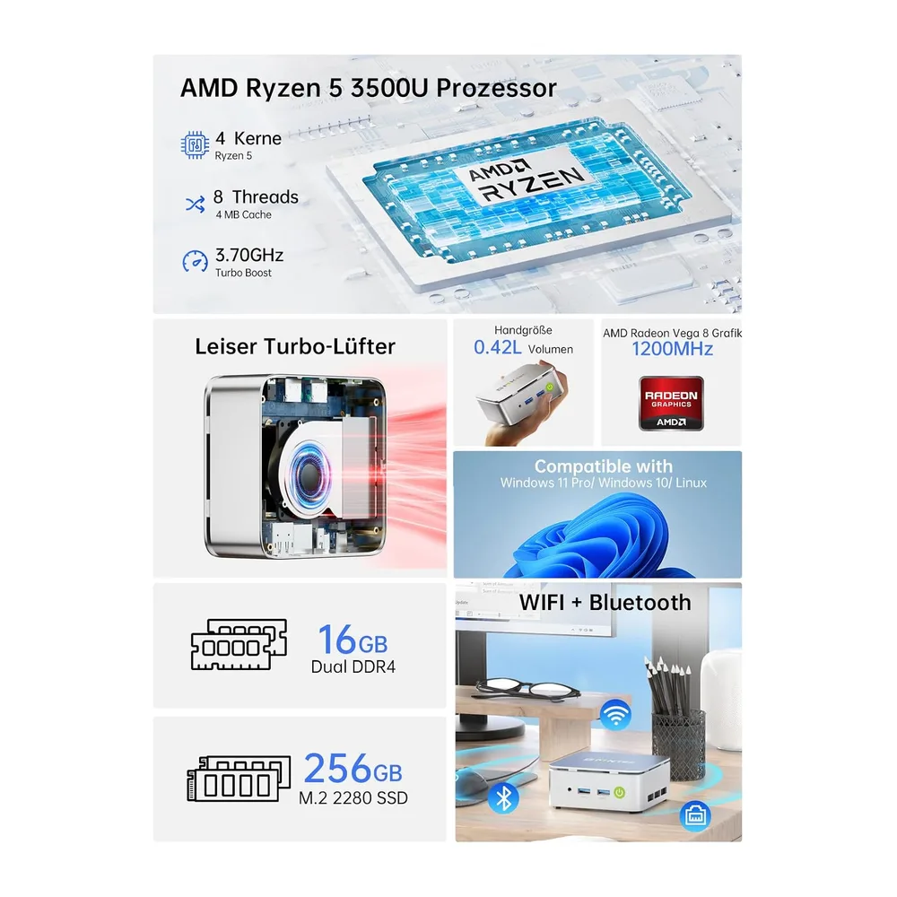 GMKtec Mini PC Ryzen – AMD Ryzen 5 3500U (4C/8T, 4.5GHz, Beats 4300U//N150/N95) | NucBox G10 | 16GB DDR4 + — 2