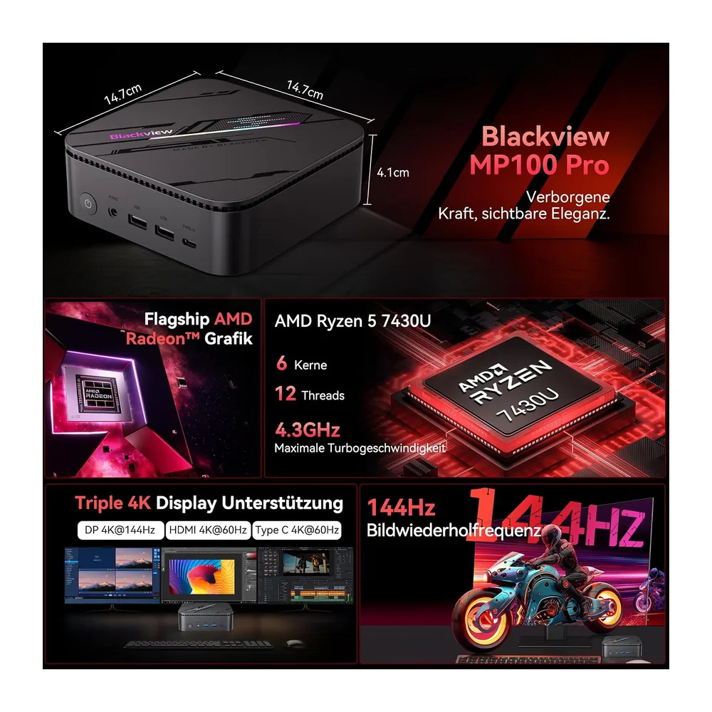 Blackview Mini PC MP100 Pro, 2026 AMD Ryzen 5 7430U, Win 11 Pro Kompakter Desktop-PC, 16GB RAM (rasante 3733 — 2