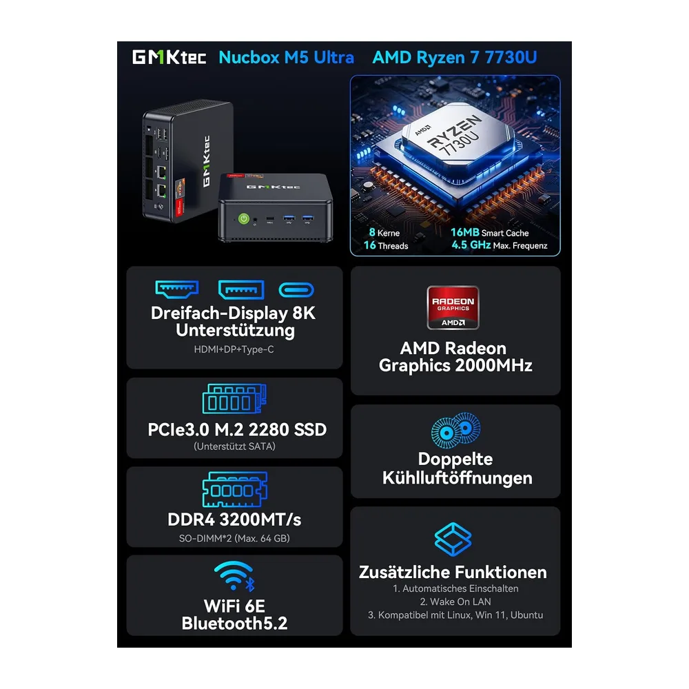 GMKtec AMD Ryzen 7 Mini PC W-11 Pro 7730U(Upgraded 7430U/ 5825U) (8 C/16 T4,50 GHz) — 2