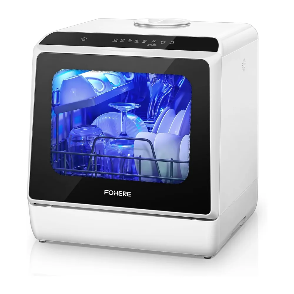 FOHERE Mini Spülmaschine mit 5L Tank, Timer-Funktion, 2-in-1 water supply, 6 Programme, LED-Display,