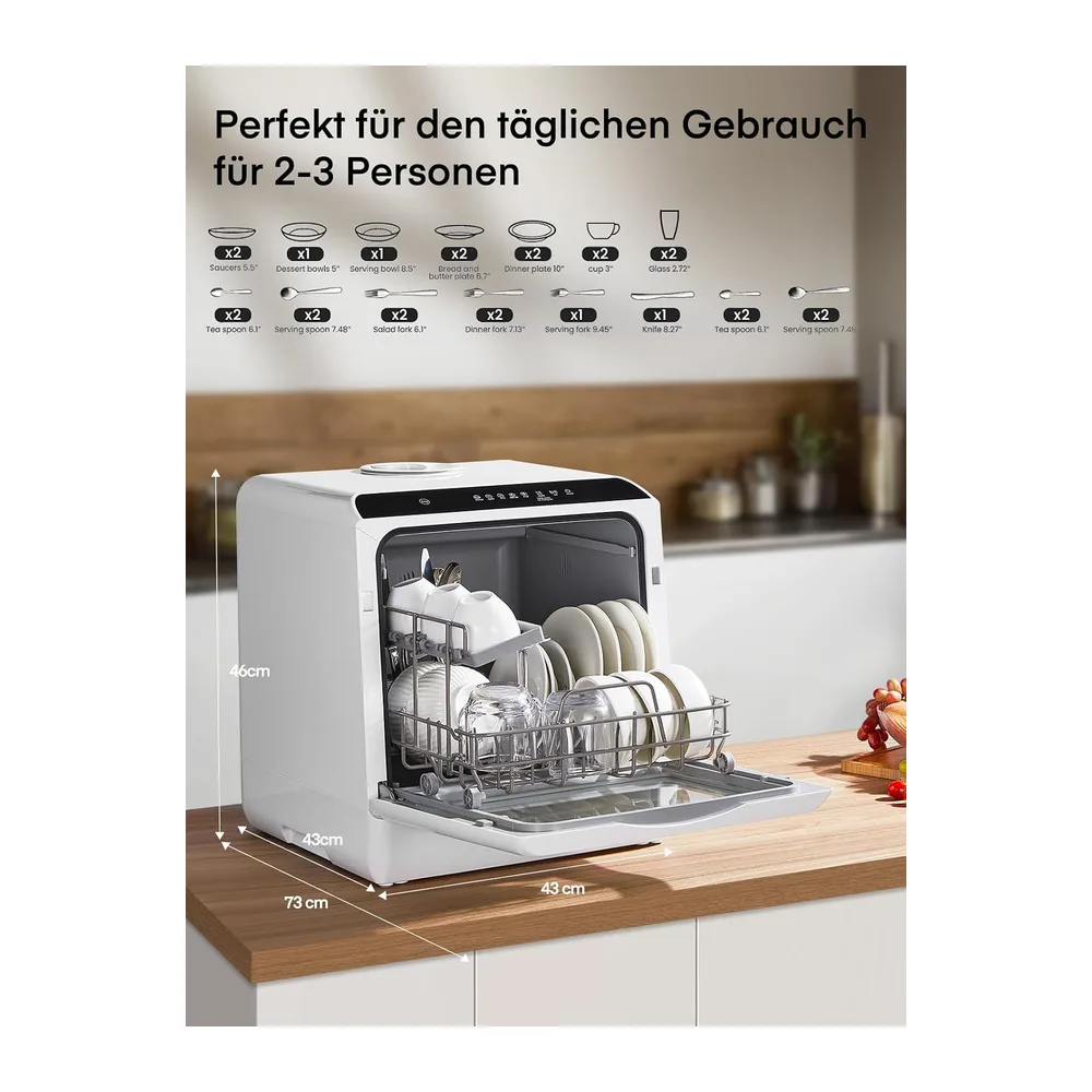 FOHERE Mini Spülmaschine mit 5L Tank, Timer-Funktion, 2-in-1 water supply, 6 Programme, LED-Display, — 2