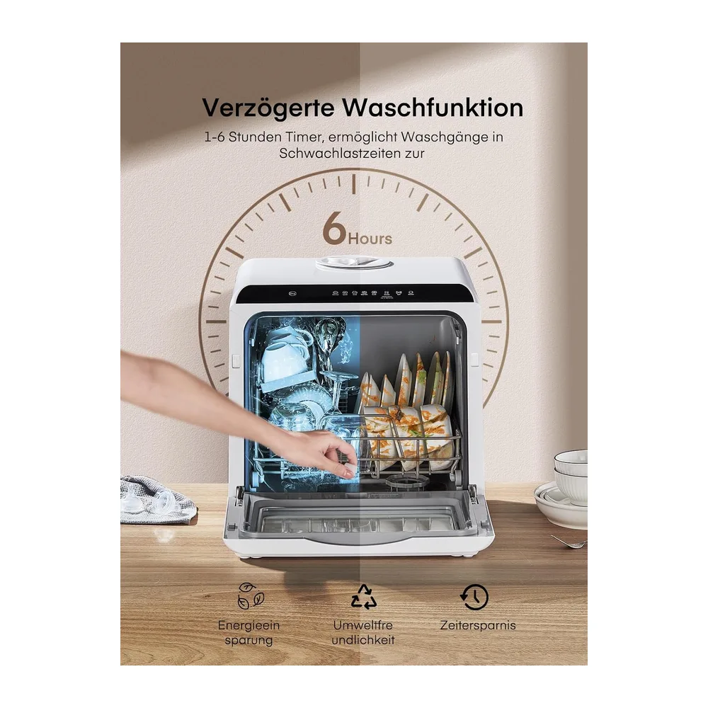 FOHERE Mini Spülmaschine mit 5L Tank, Timer-Funktion, 2-in-1 water supply, 6 Programme, LED-Display, — 4