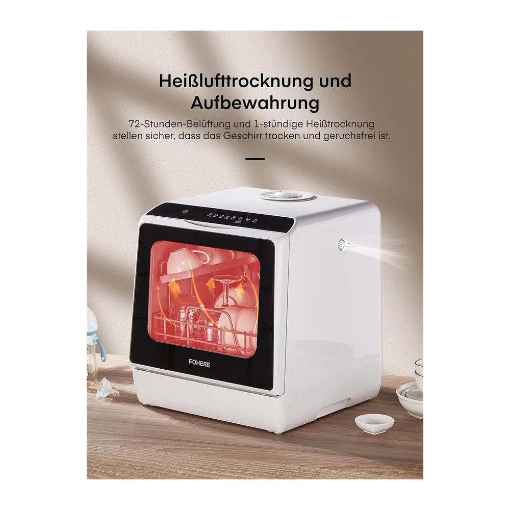 FOHERE Mini Spülmaschine mit 5L Tank, Timer-Funktion, 2-in-1 water supply, 6 Programme, LED-Display, — 6