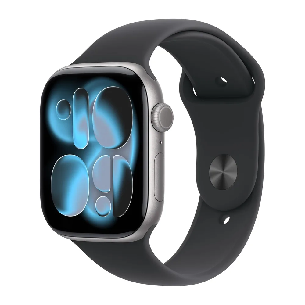 Apple Watch Series 11 GPS 46 mm Smartwatch mit Aluminiumgehäuse in Space Grau und Sportarmband in Schwarz