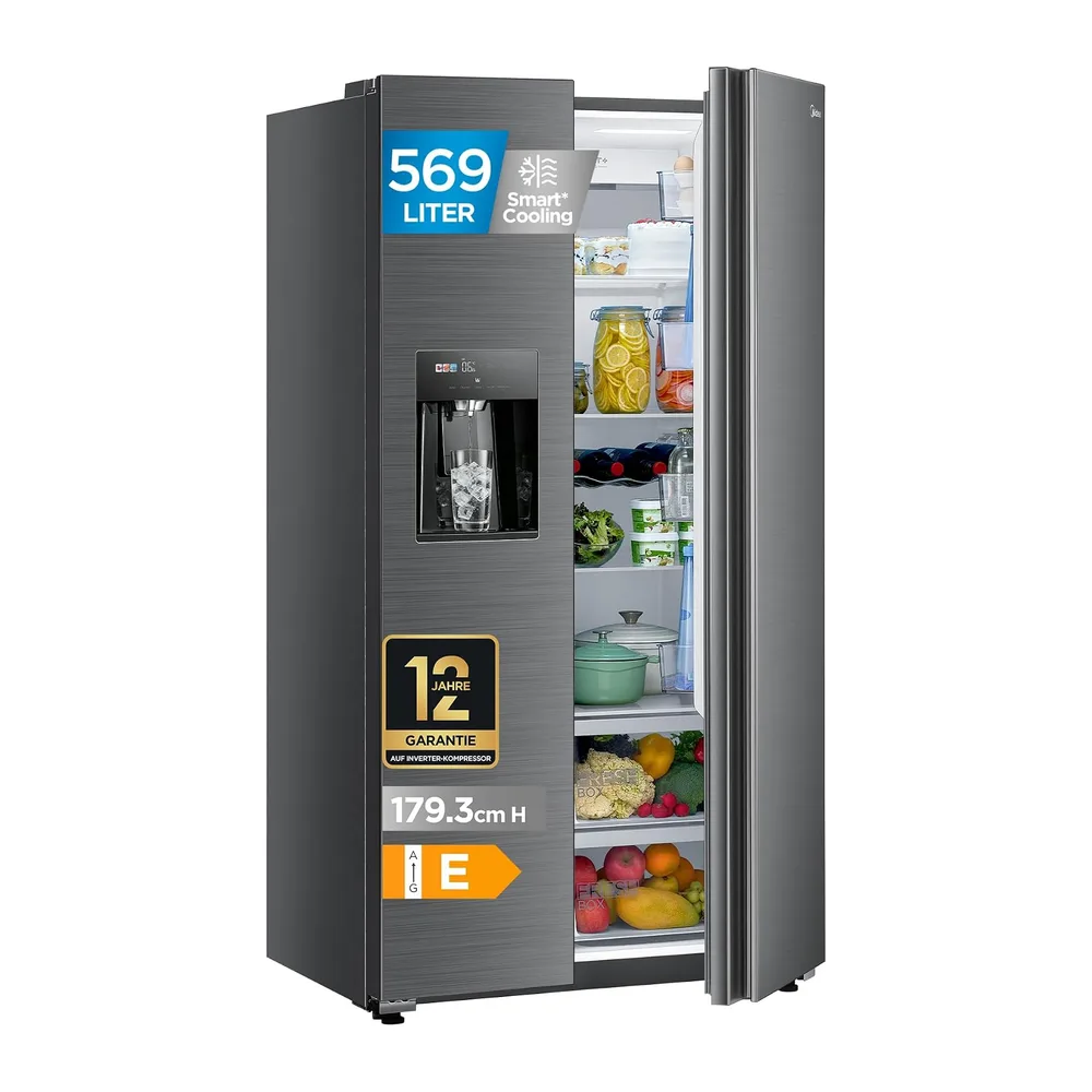 Midea Side-by-Side Kühlschrank 569 L, Eiswürfel- & Wasserspender, No Frost [Energieklasse E]