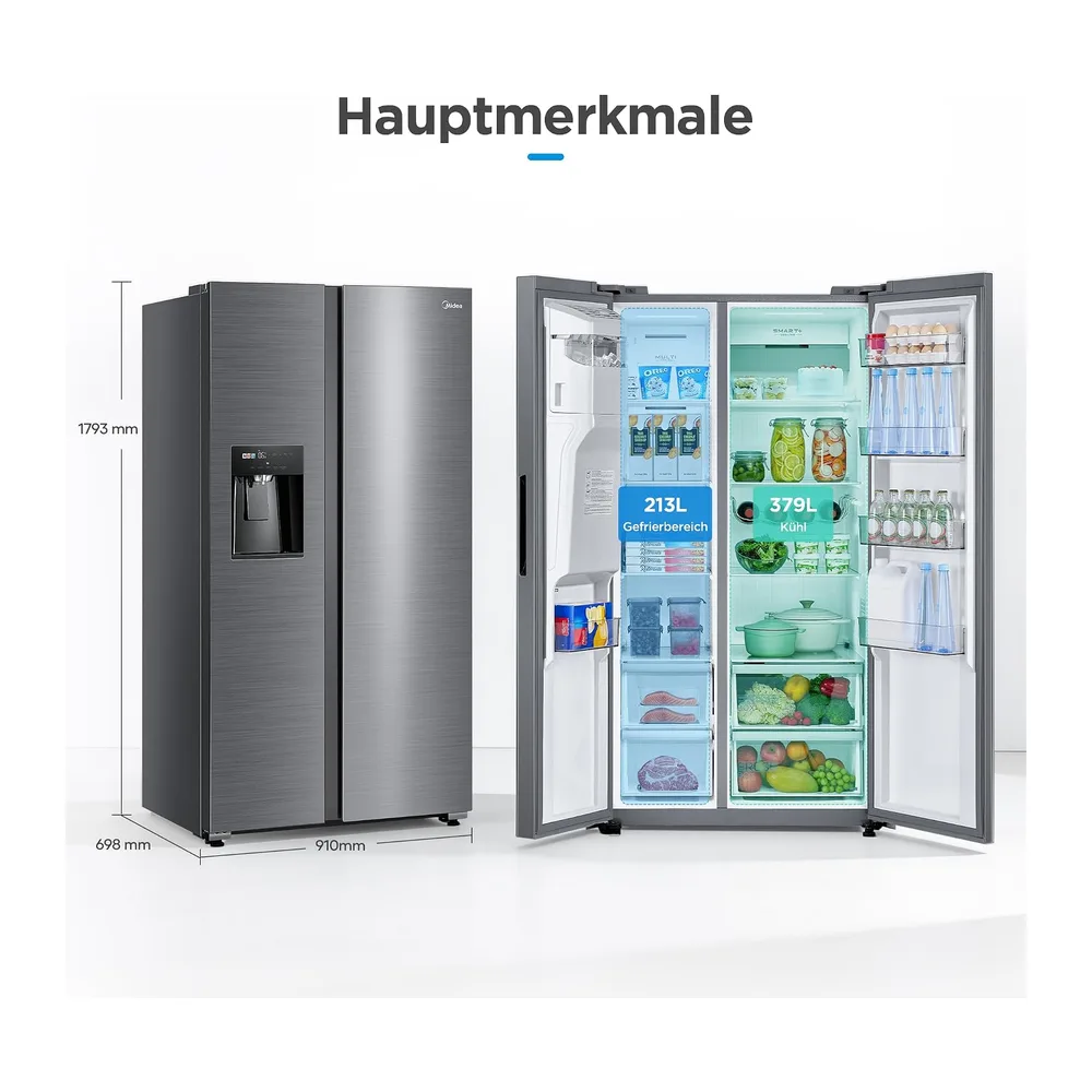 Midea Side-by-Side Kühlschrank 569 L, Eiswürfel- & Wasserspender, No Frost [Energieklasse E] — 3