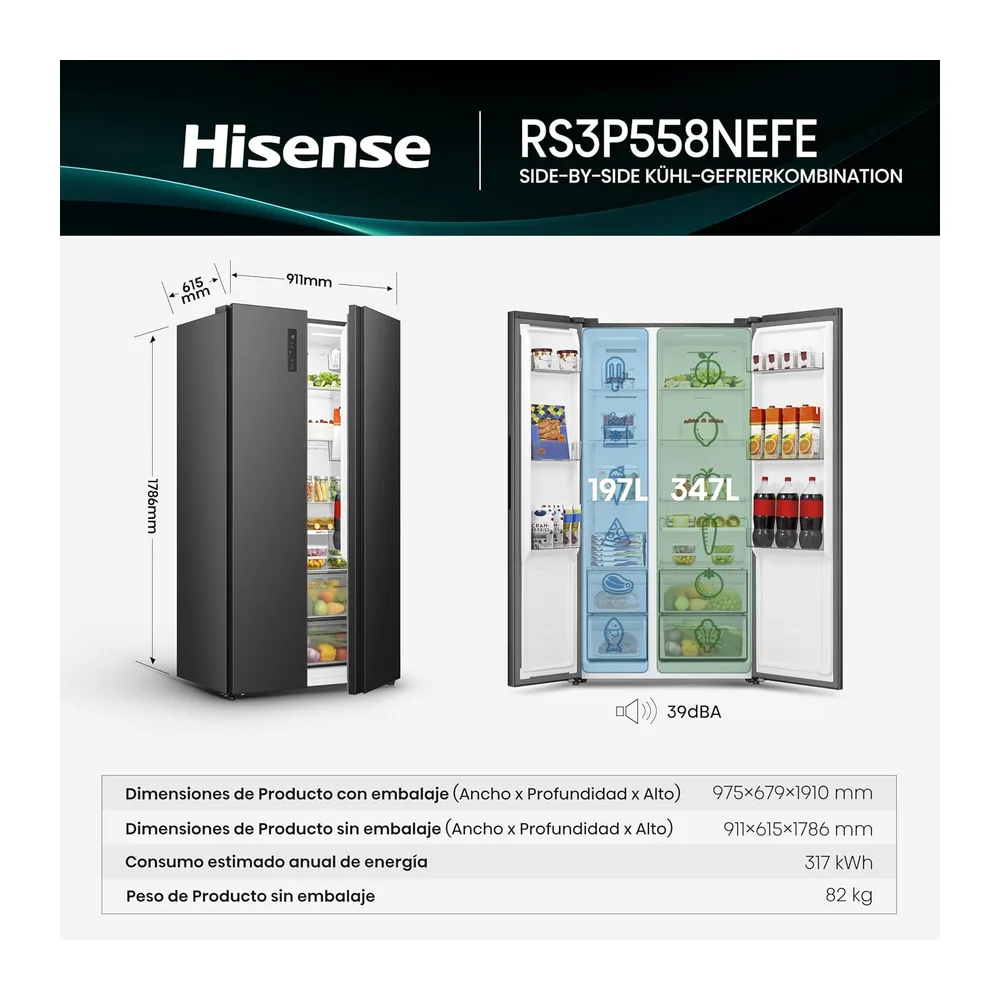 Hisense RS3P558NEFE Side-by-Side/ 544L/ Großes Fassungsvermögen/XXL Türfach/Multifunktionale — 2