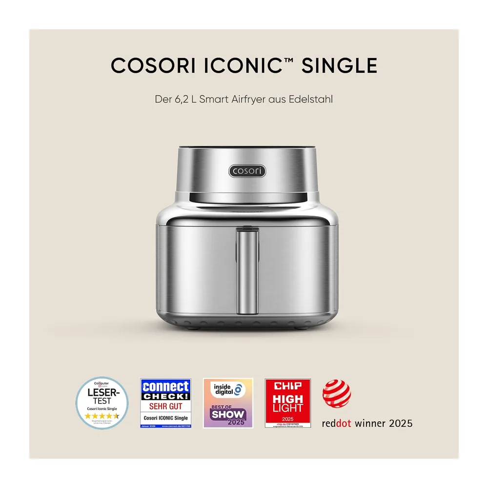Cosori Airfryer, Iconic Single, 96% Metall, Mit nahezu plastikfreiem Design — 2