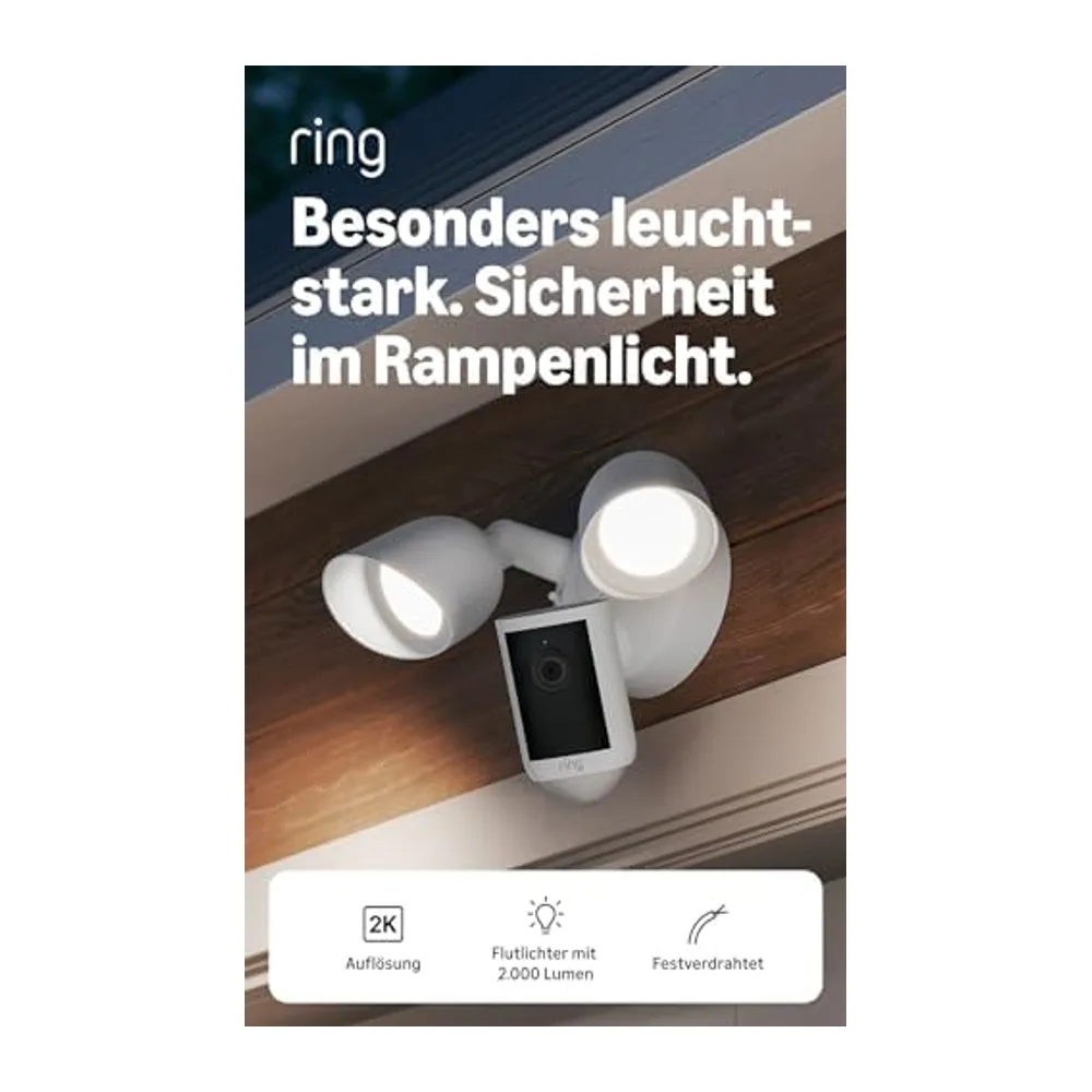 Ring Floodlight Camera 2K, Flutlichtkamera, festverdrahtet (neueste Gen.), Weitwinkel-Video in Retinal 2K,