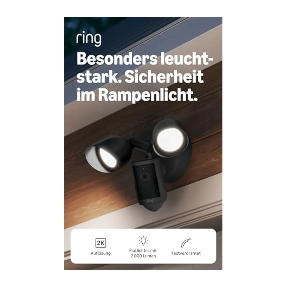 Ring Floodlight Camera 2K, Flutlichtkamera, festverdrahtet (neueste Gen.), Weitwinkel-Video in Retinal 2K,