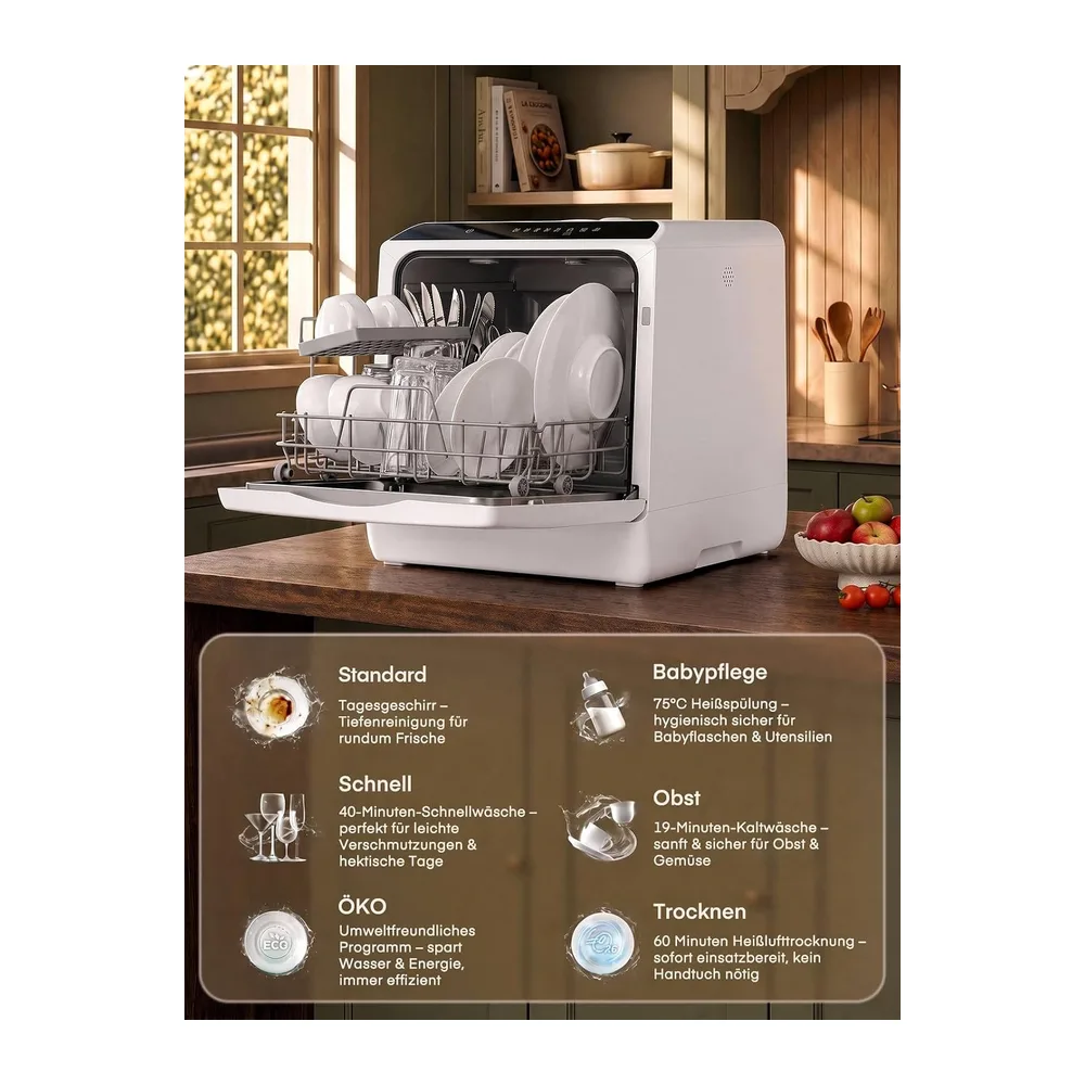 FOHERE Mini Tischgeschirrspüler 5L Wassertank ohne Installation für Camping [Energieklasse B] — 5