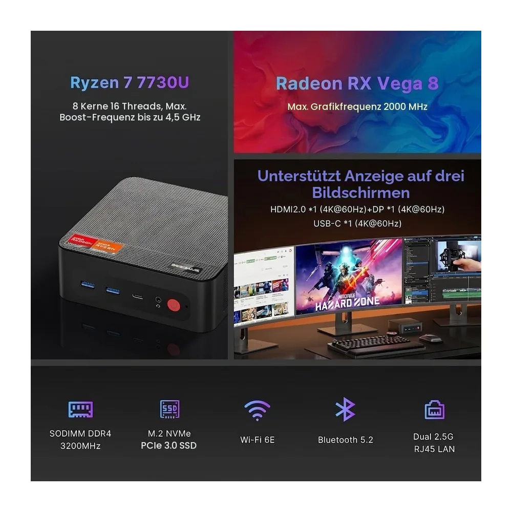 BOSGAME P4 Ultra Windows 11 Pro Business Mini-PC AMD Ryzen 7 7730U — 2