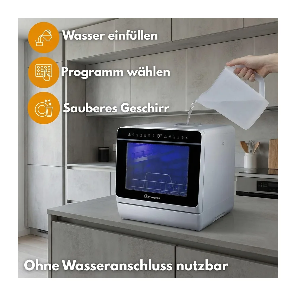 Sommertal SP9 Mini Geschirrspüler | 5L Tank, 10+1 Funkt., Touch, LED [Energieklasse D] — 3
