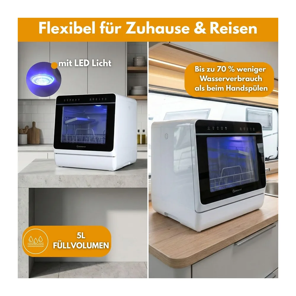 Sommertal SP9 Mini Geschirrspüler | 5L Tank, 10+1 Funkt., Touch, LED [Energieklasse D] — 5