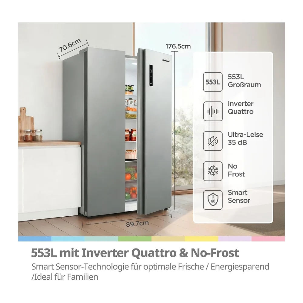 Comfee Side-by-Side Kühlschrank, 553L Familien-Stauraum, No Frost, 35 dB [Energieklasse E] — 2