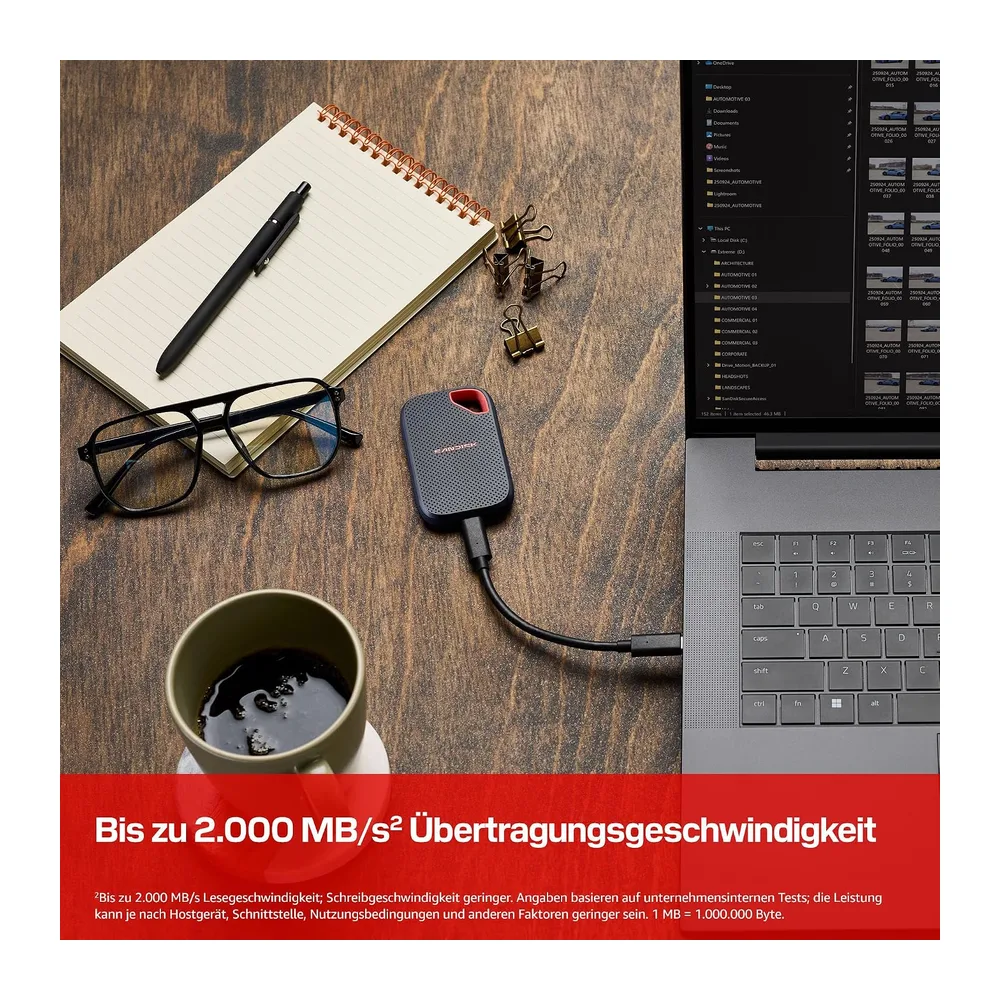 SANDISK Extreme Portable SSD 2 TB (Übertragungsgeschwindigkeiten von bis zu 2.000 MB/s — 2