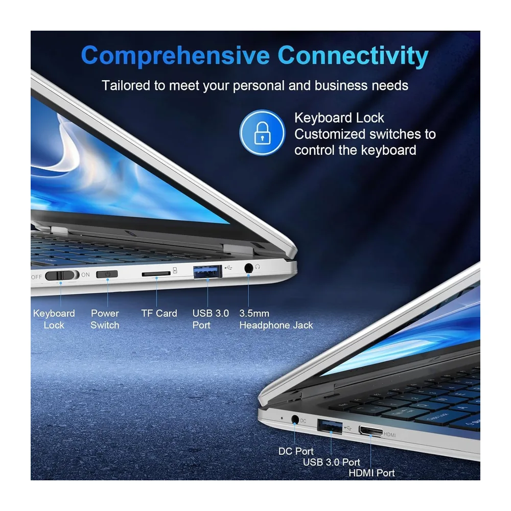 PINSTONE 11,6 Zoll Laptop – Celeron N4020 6 GB RAM 128 GB SSD, 360 Grad Faltbarer Touchscreen, 2,4/5 GHz — 3