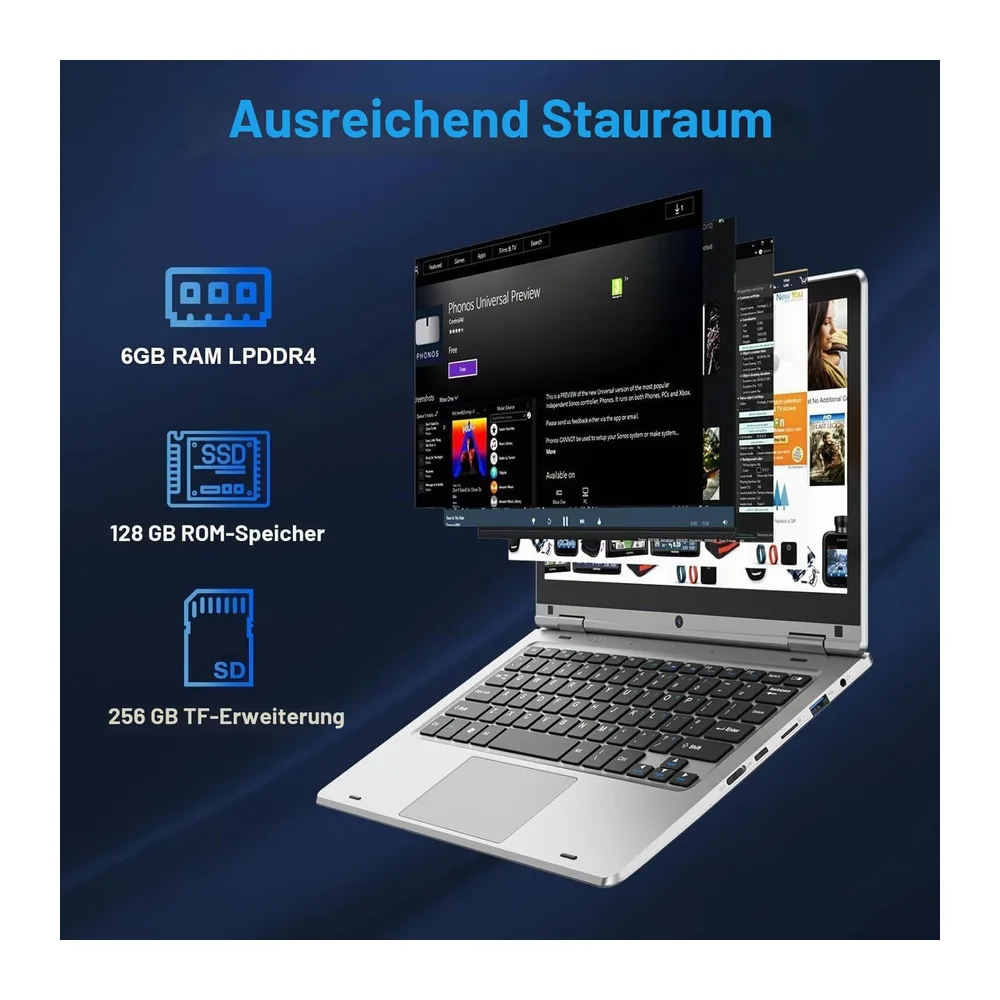 PINSTONE 11,6 Zoll Laptop – Celeron N4020 6 GB RAM 128 GB SSD, 360 Grad Faltbarer Touchscreen, 2,4/5 GHz — 6