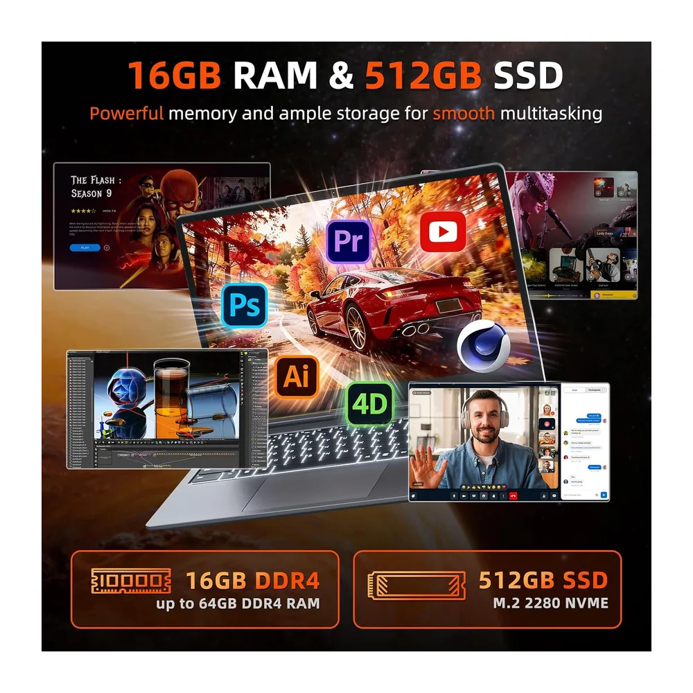 15.6 Zoll Laptop 16GB RAM 512GB ROM, AI-Unterstützung, AMD R5 (übertrifft i5-13420H, bis zu 3.6GHz), FHD — 6