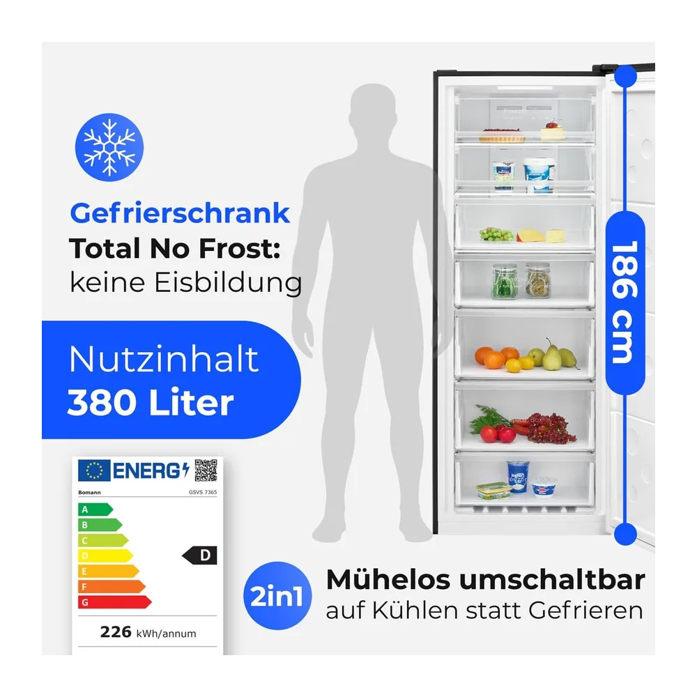 Bomann® Gefrierschrank Nofrost | 70cm breit | 2in1 - auf kühlen umstellbar | 186cm | Tiefkühlschrank | 5 — 2