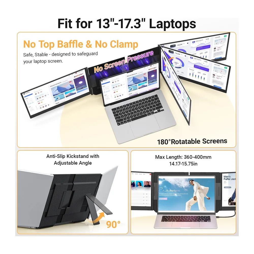 15,6" Laptop Bildschirm Erweiterung, ultraleichter 1080P FHD tragbarer Dreifach-Monitor für 13–17,3"Laptops, — 6