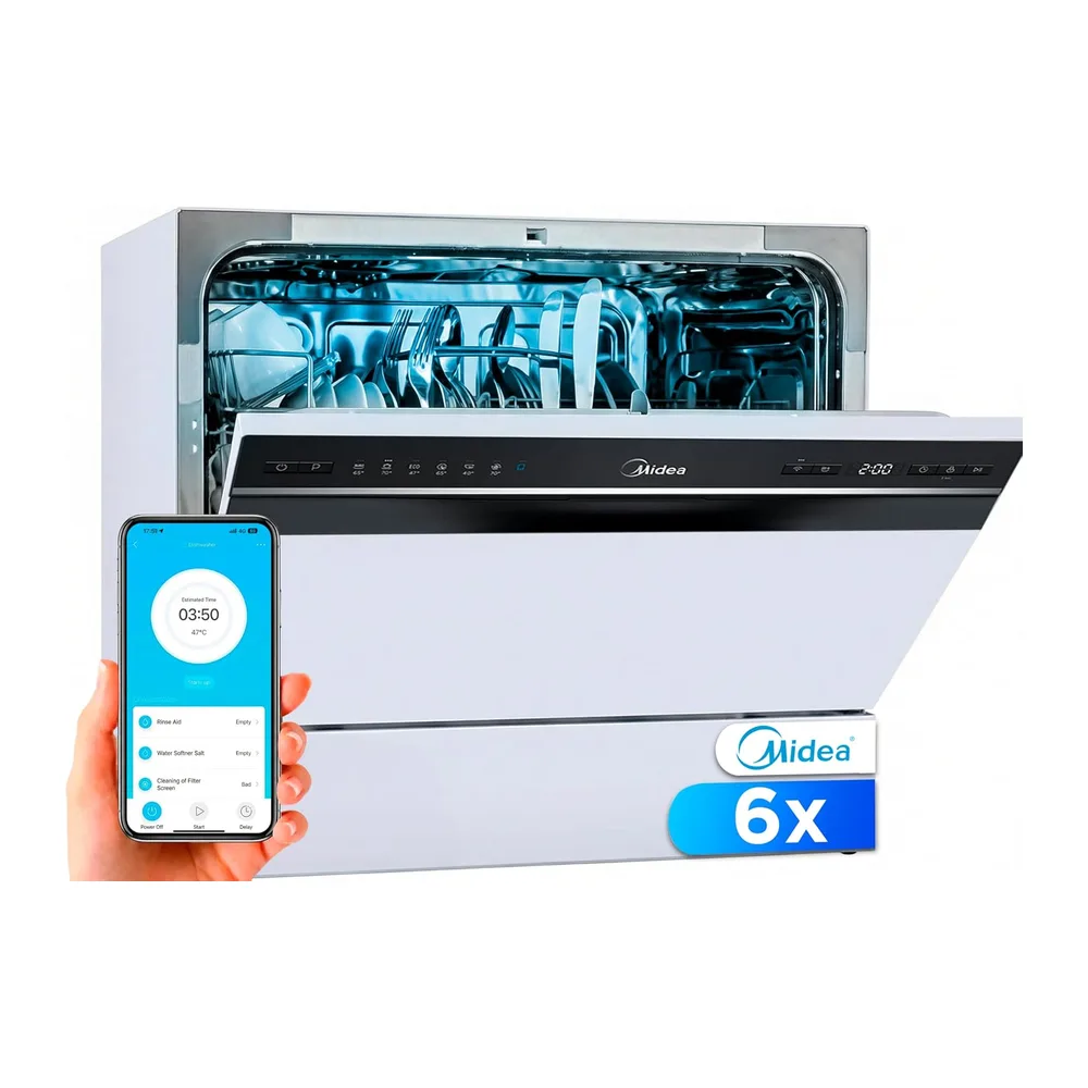 Midea Kleiner Geschirrspüler, Weiß, 55 cm, für 6 Personen, kompakt und tragbar, ohne Installation,