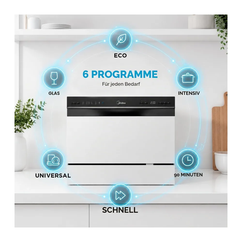 Midea Kleiner Geschirrspüler, Weiß, 55 cm, für 6 Personen, kompakt und tragbar, ohne Installation, — 3