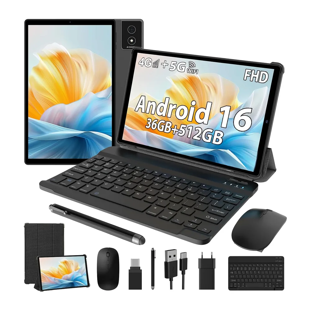 Android 16 Tablet 10,4 Zoll 2K FHD, Octa-Core 2,0 GHz, 36GB RAM+512GB ROM (bis 2TB TF), 4G LTE+5G WLAN,
