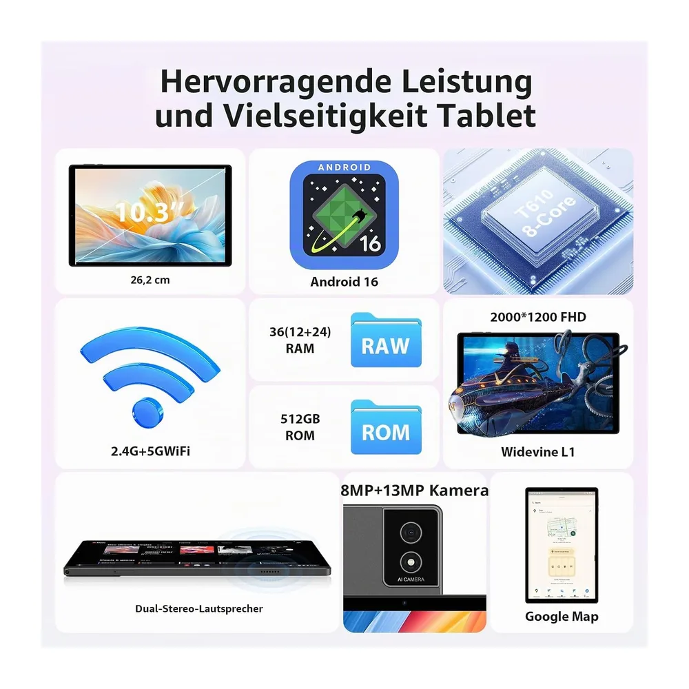 Android 16 Tablet 10,4 Zoll 2K FHD, Octa-Core 2,0 GHz, 36GB RAM+512GB ROM (bis 2TB TF), 4G LTE+5G WLAN, — 2