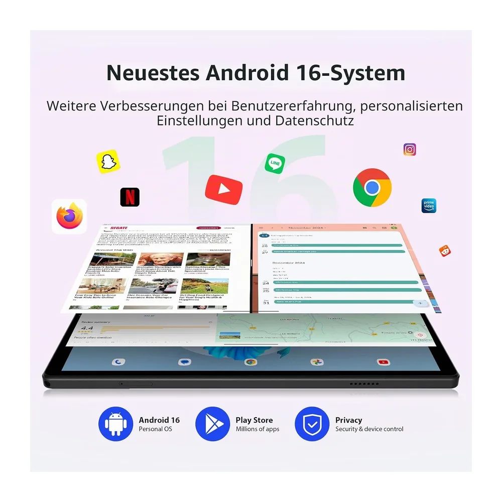 Android 16 Tablet 10,4 Zoll 2K FHD, Octa-Core 2,0 GHz, 36GB RAM+512GB ROM (bis 2TB TF), 4G LTE+5G WLAN, — 3