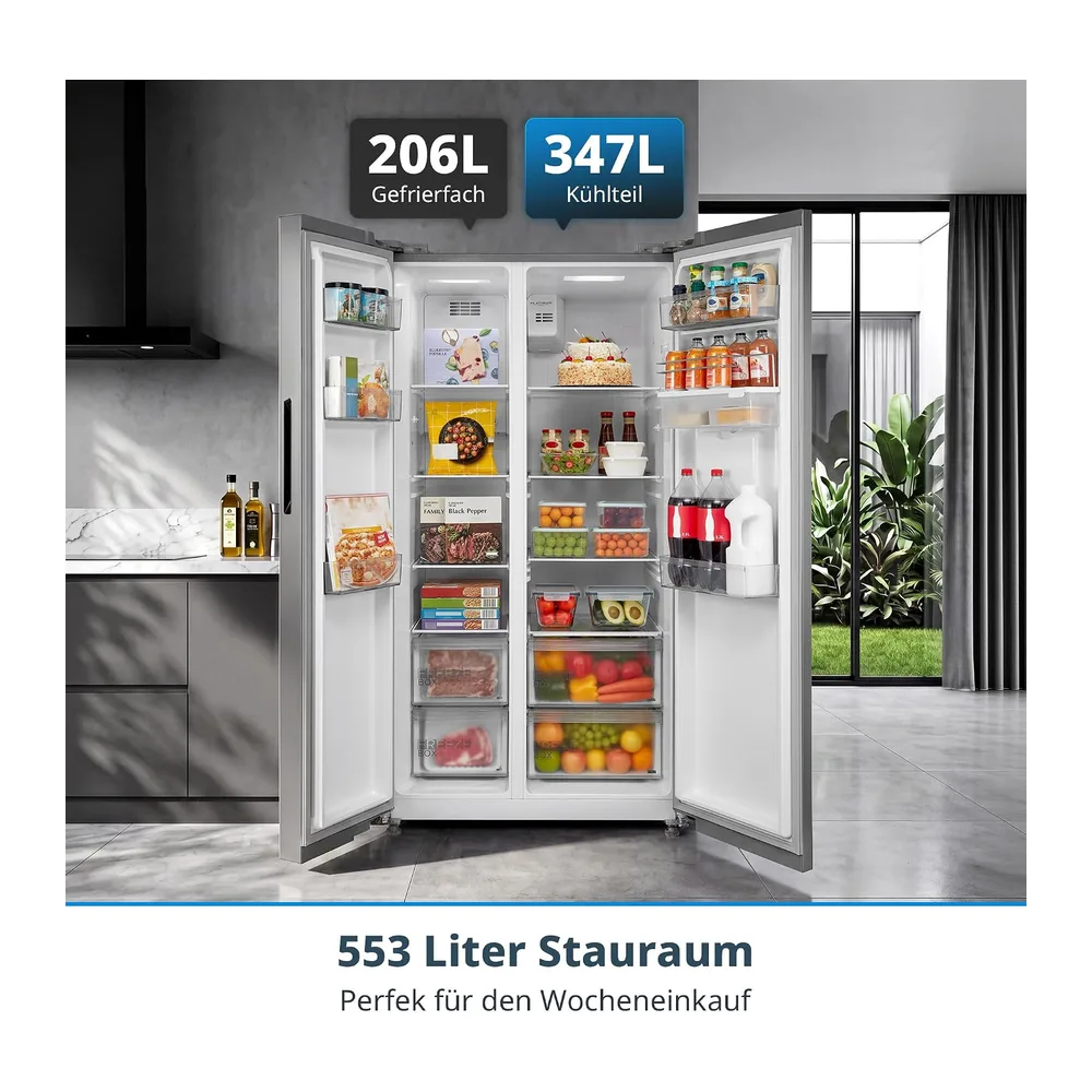 Midea 553 L Side-by-Side Kühlschrank mit Wasserspender und 3L Wassertank [Energieklasse D] — 3