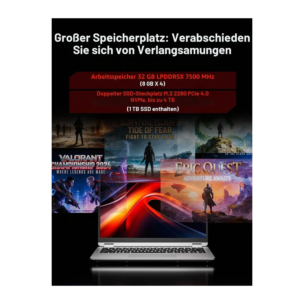 Laptop, 14-Zoll-Display mit 2880 x 1800 QHD+-Auflösung, AMD Ryzen 7 H255 (8 Kerne/16 Threads, bis zu 4,9 — 6
