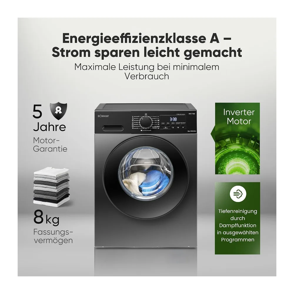 Bomann® Waschmaschine 8kg | 5 Jahre Motor-Garantie | Invertermotor-effizient, leise & langlebig | max. 1400 — 2